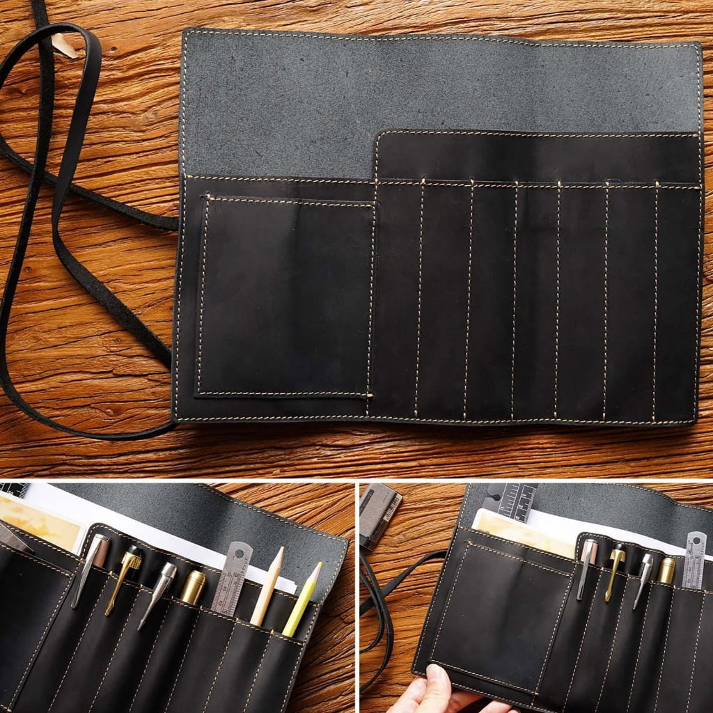 Leather Pen Roll Organizers Multiple Compartment Pencil Case For Student Artist