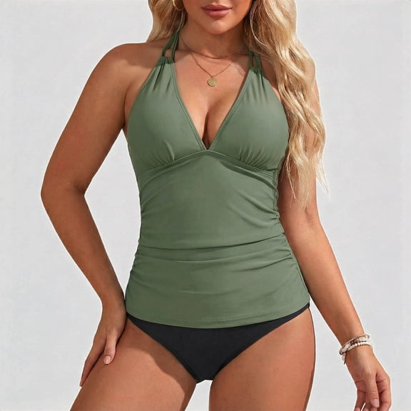 Daznico Women's Plus Size Tankini Set, Halter V-Neck Ruched Top with High-Leg Cut Black Bottoms,XXL