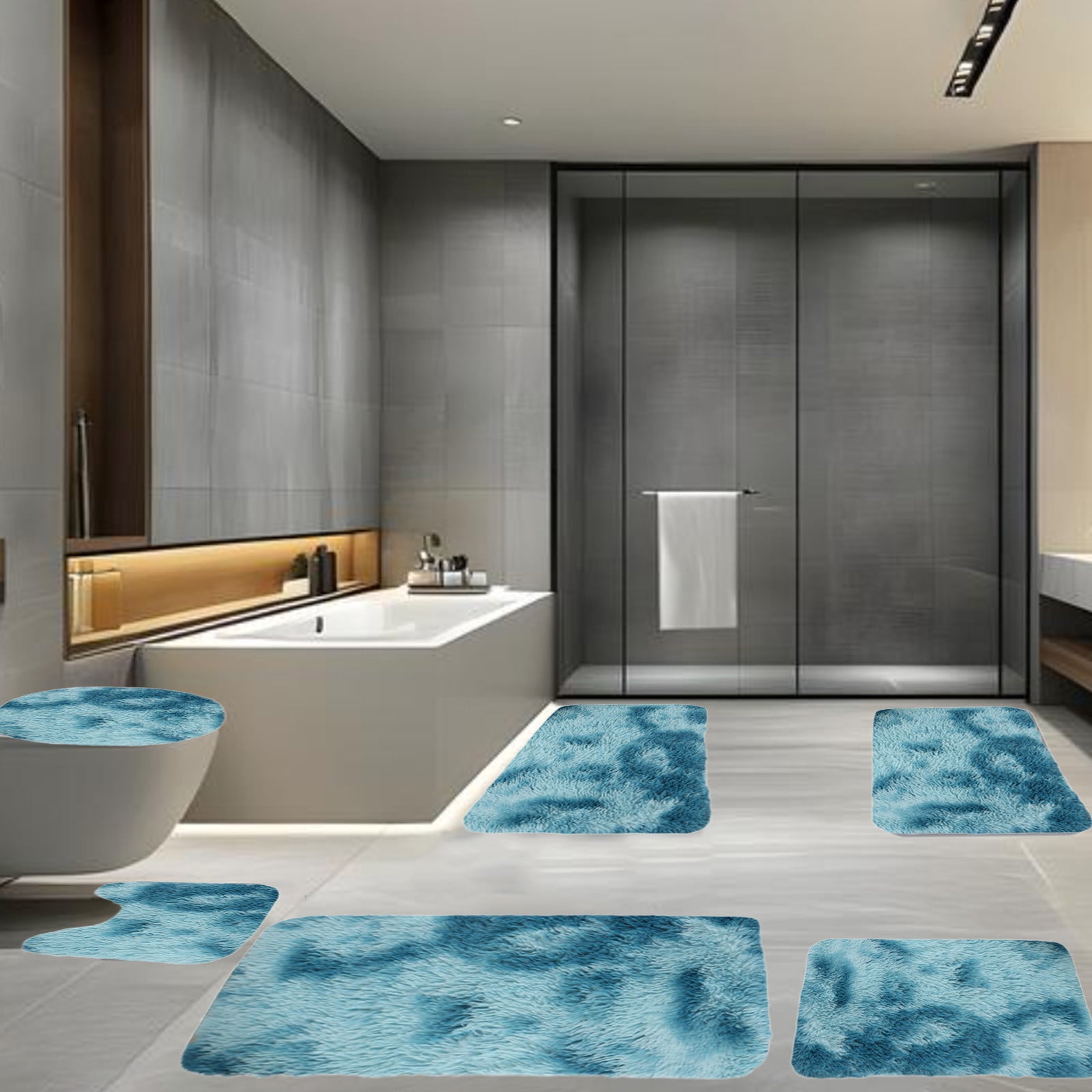 Qocolhg Mixed Colors Shaggy Bath Mats of 6 Piece U-Shaped Contour Toilet Rug, Soft Comfortable Water Absorption Non-Slip Bath Mat, Shower Mat for Floor, Room Door Mat, Machine Washable, Blue