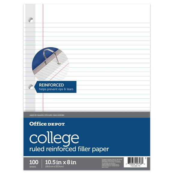Office Depot Brand Reinforced Filler Paper 8"" x 10 1/2"" 16 Lb College Ruled White Pack of 100