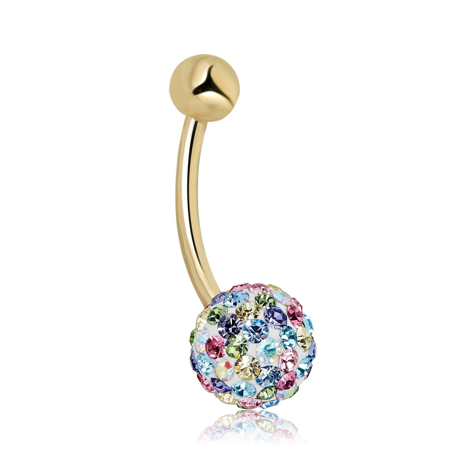 AVORA 10K Yellow Gold Multi-color  Crystal Ball Belly Button Ring Body Jewelry (14 Gauge)