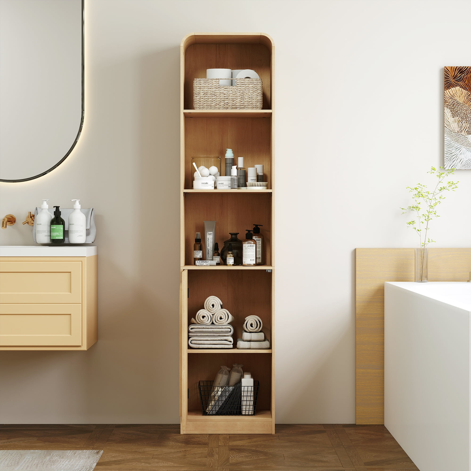 67" Tall Narrow Storage Cabinet Freestanding Tower Cabinet with Door Space Saving Organizer for Bathroom Kitchen Living Room