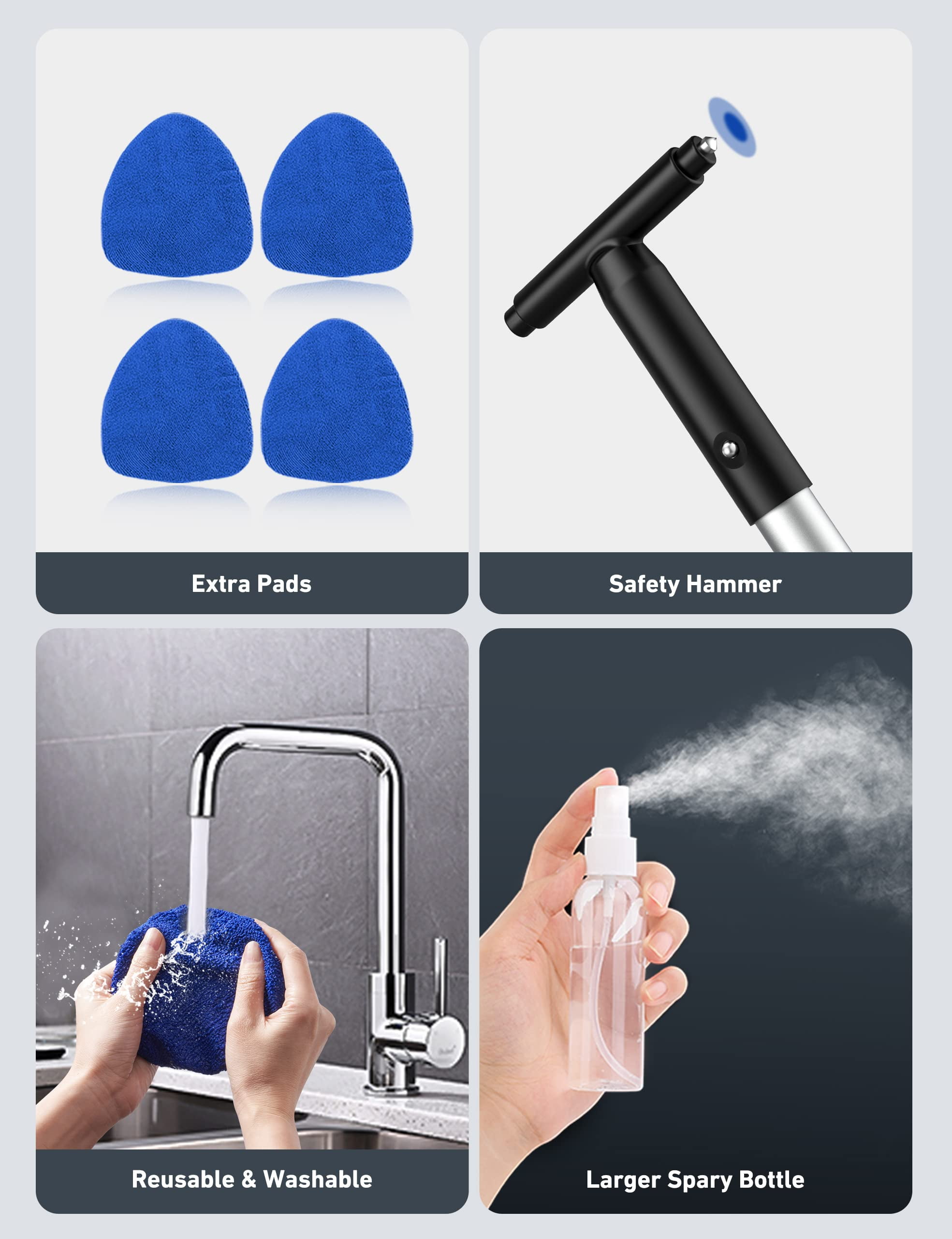 DIYMAG 2 Pack Auto Windshield Cleaning Tools, Extendable Handle Car Window Cleaner with Reusable Microfiber Pads and Water Spray Bottles Auto Inside Glass Wiper Kit (Blue)