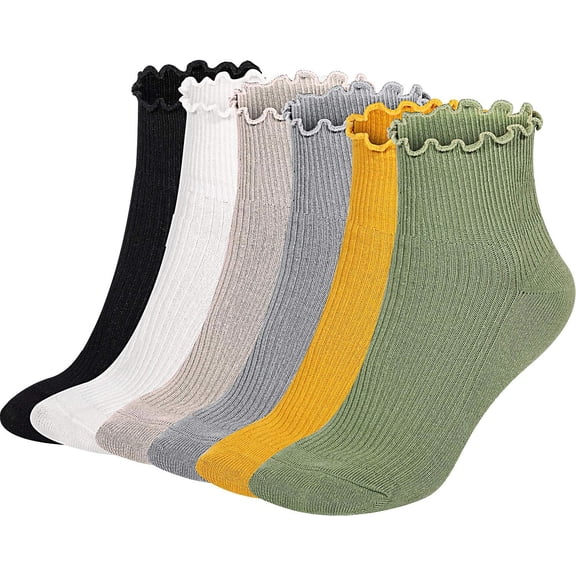 Women's Knit Lace Ruffle Socks Solid Color Casual Socks 6 Pair