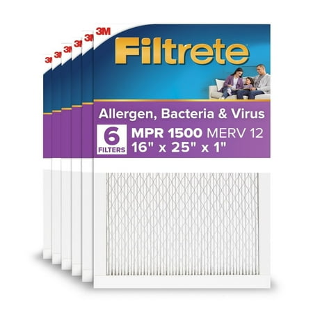 Filtrete 16x25x1 HVAC Furnace Air Filter, MPR 1500 MERV 12, Advanced Allergen Reduction, 6 Pack