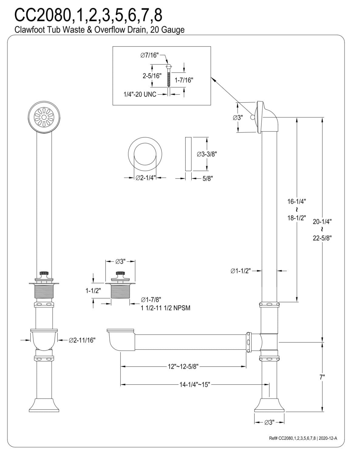 Kingston Brass CC2080 Clawfoot Tub Waste & Overflow Drain, Matte