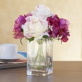 thumbnail image 2 of Enova Home Artificial Flowers Silk Roses and Hydrangea Fake Flowers Arrangement in Rectangle Glass Vase with Faux Water for Home Office Wedding Decoration (Cream Purple), 2 of 3