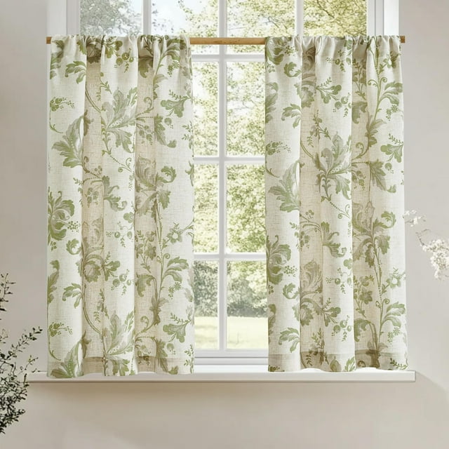 Linen Kitchen Curtains 36 Inch Vintage Gray Floral Tier Curtains Farmhouse Cottage Cafe Rod Pocket Country Small Window for Laundry Room Bathroom RV 2 Panels Green on Beige