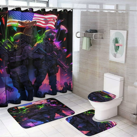 Animal Guardian America Bathroom Sets with Shower Curtain And Rugs, Incl with 12 Hooks，Toilet Lid Oval Rug