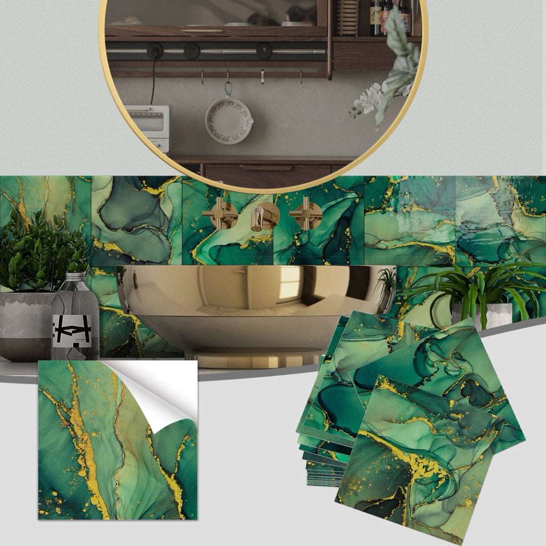 16-Sheets Tile Stickers Backsplash 8" x 8" Green Gold Marbling Wall Decals DIY Decor Peel and Stick Waterproof PVC Tile for Kitchen Bathroom