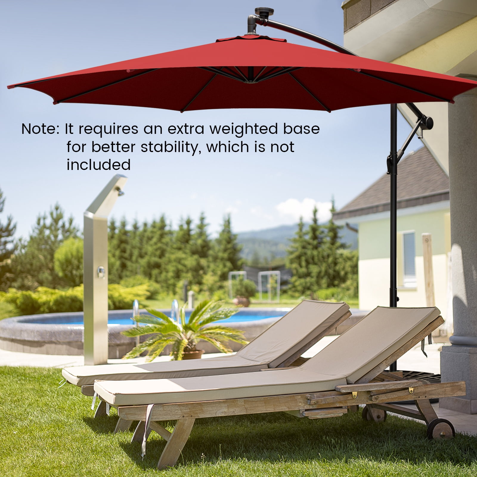 Patiojoy 10FT Solar Offset Umbrella Tilted Cantilever Umbrella with 112 LED Lights Lighted Patio Sun Shade with Crank Handle Red
