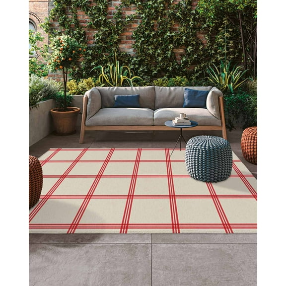 Red Buffalo Plaid Outdoor Rug, Farmhouse Vintage Linen Red Stripes Large Outdoor Patio Area Rugs Non Slip Outside Floor Mat Carpet for Backyard/Deck/Porch/Balcony, 5x8 ft