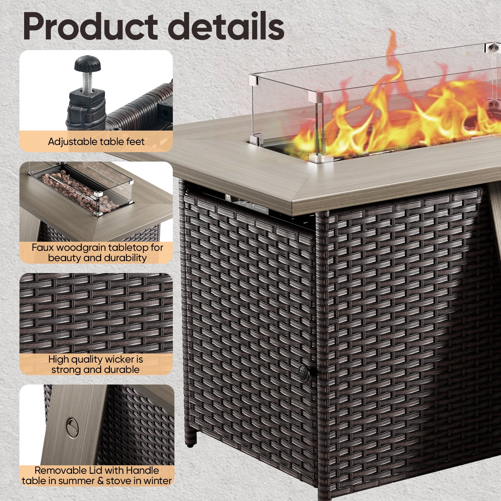 Gymojoy Brown 41 in. 50000 BTU Rectangular Wicker and Metal Propane Outdoor Dining Fire Pit Table with Glass Wind Guard Lid,Lava Rocks