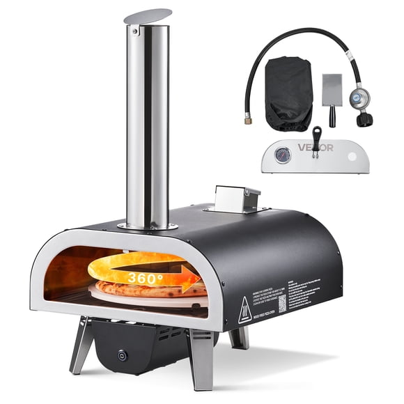 Horno de pizza de doble combustible VEVOR para exteriores, de 30 cm, de leña y gas propano, con termómetro y pulverizador de hierro, giratorio y electrico, ideal para acampar y patios.