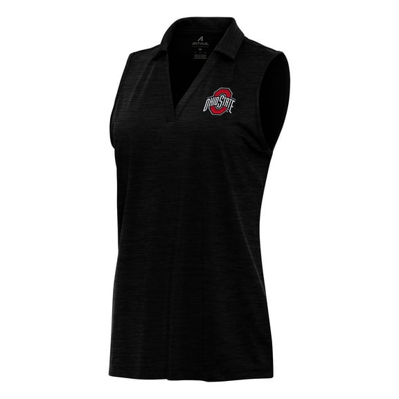 Women's Antigua Heather Black Ohio State Buckeyes Layout Sleeveless V-Neck Polo