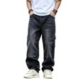 thumbnail image 2 of Reppunk Men's Vintage Black Wash Wide Leg Cargo Denim Jeans, Multi-Flap Pocket Loose Straight Stacked Trousers, Business Casual Versatile Office Daily Commute Bottoms, 2 of 8