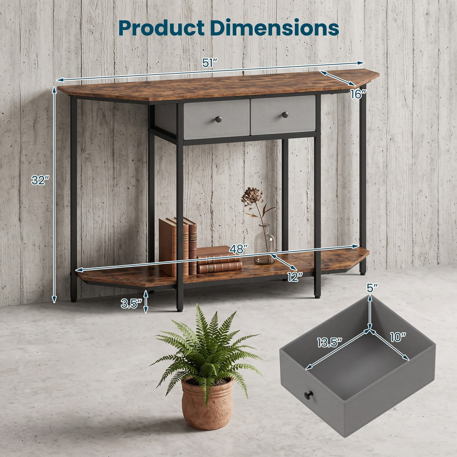 Furnibear Console Table with 2 Drawers and Polygonal Top and Open Storage Shelf and Metal Frame for Entryway, Rustic Brown