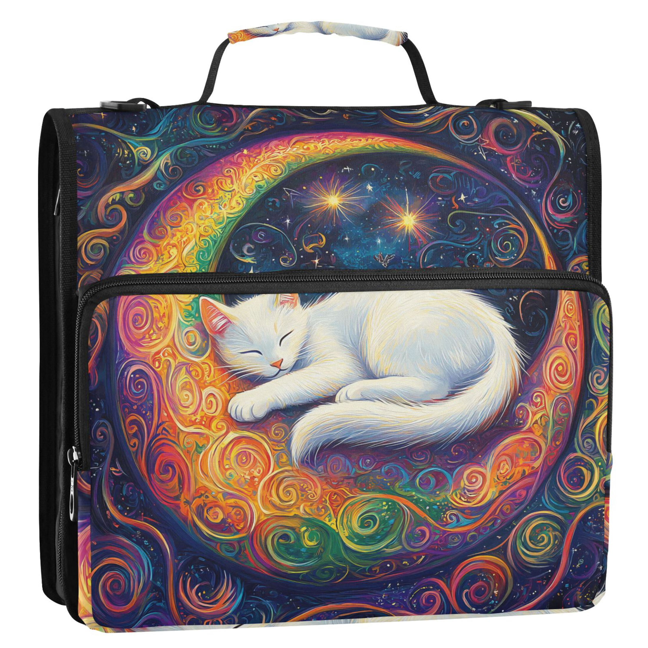 3 Ring Zipper Binder with Shoulder Strap Waterproof Trapper Keeper 2 Inch D-Ring 500 Sheets Capacity Cat Laying on Moon