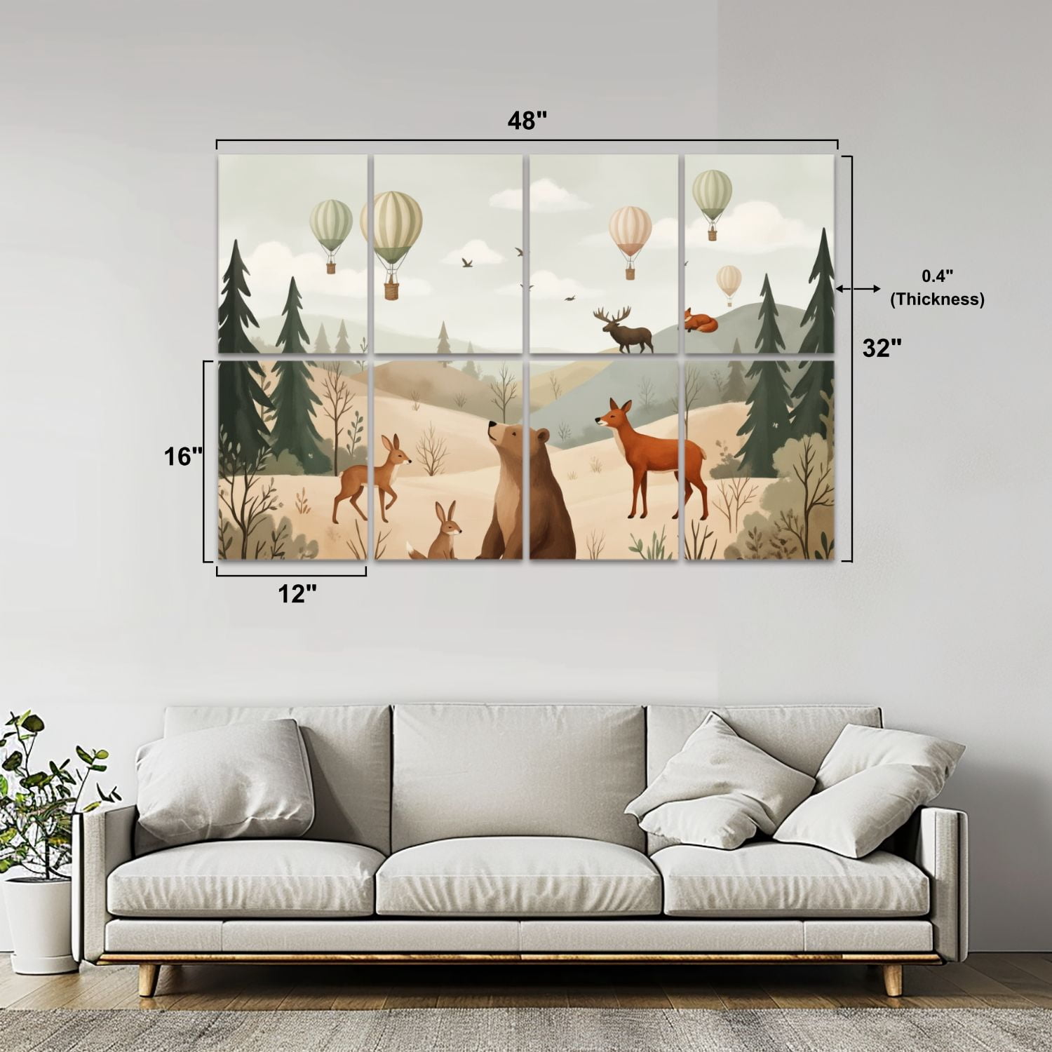 8 Pack Art Acoustic Panels Sound Absorbing Cute Forest Animals Hot Air Balloons Pastel Hills Decorative Soundproof Wall Panels Self Adhesive for Nursery Game Room Bedroom 48"x32"