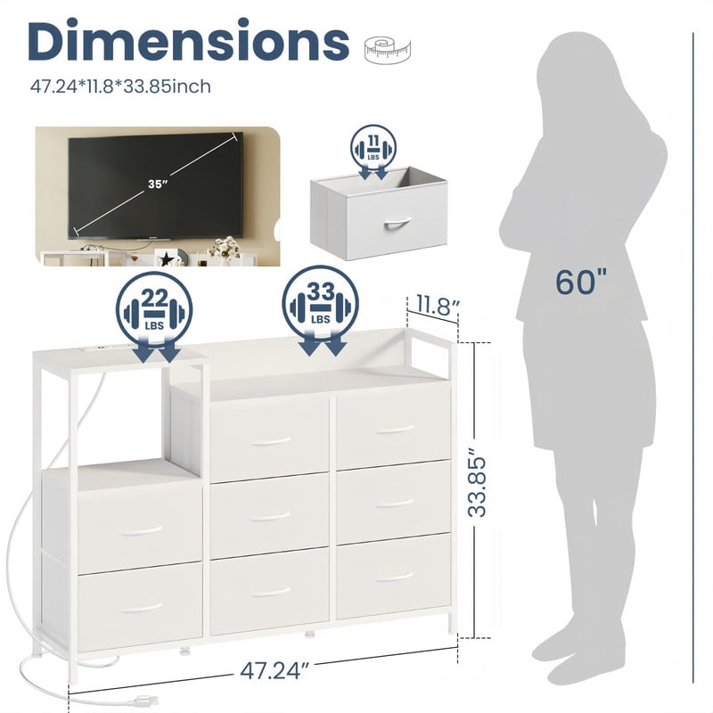 Kelno TV Stand Dresser 8 Fabric Drawers Storage Cabinet with Open Shelf Built in AC USB Type C Charging Station, White