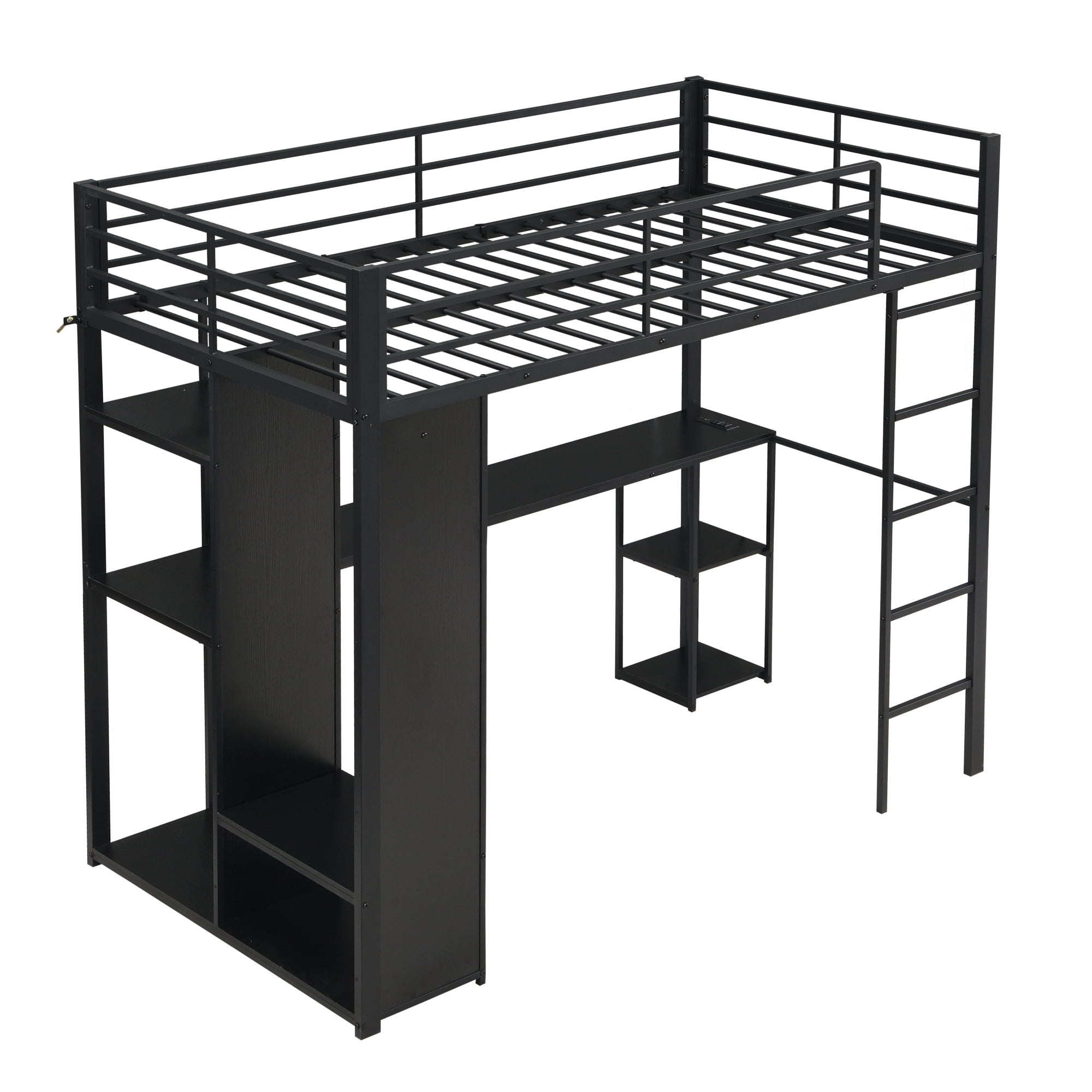 Leumius Twin Metal Loft Bed with Length Desk & Open Storage Cabinet, Multi-function Space Maximizing High Loft Bed for College Dorm Youth Room Apartment Guest