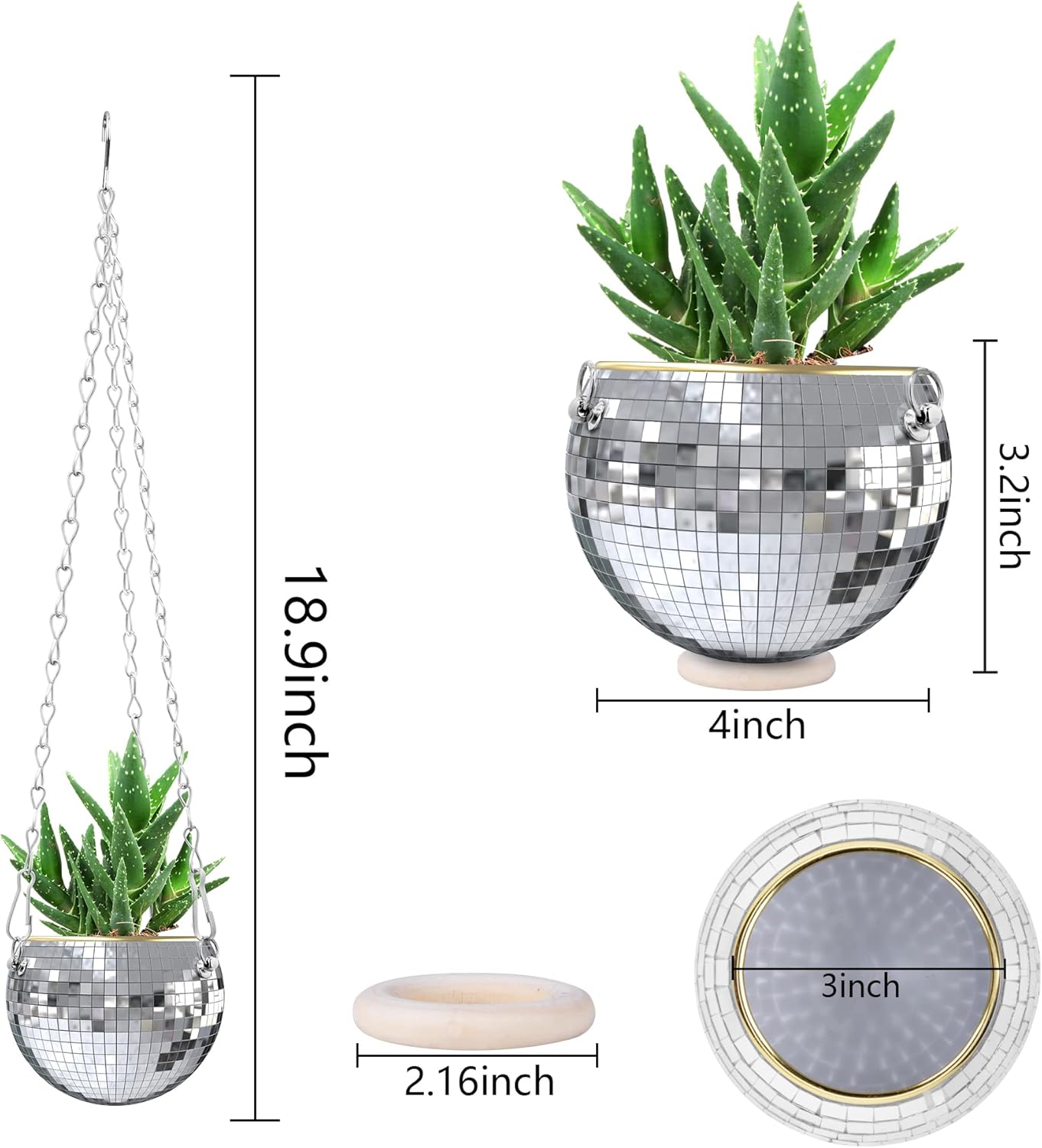 Ebaokuup 2 Pcs 4" Hanging Disco Ball Planters, Silver Mirror Planter with Chain