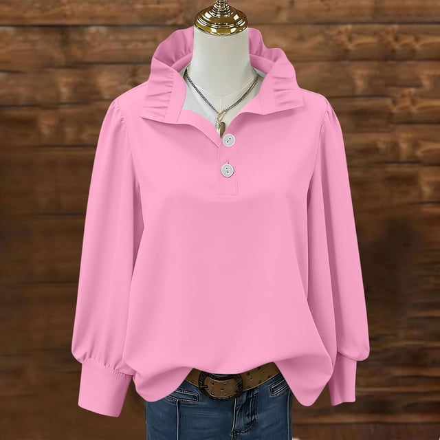 TaTaai 2026 Spring Summer Solid Color Button Top for Women Long Sleeve Round Neck Casual Blouse Soft Comfy Lightweight Daily Vacation Outfits Gift