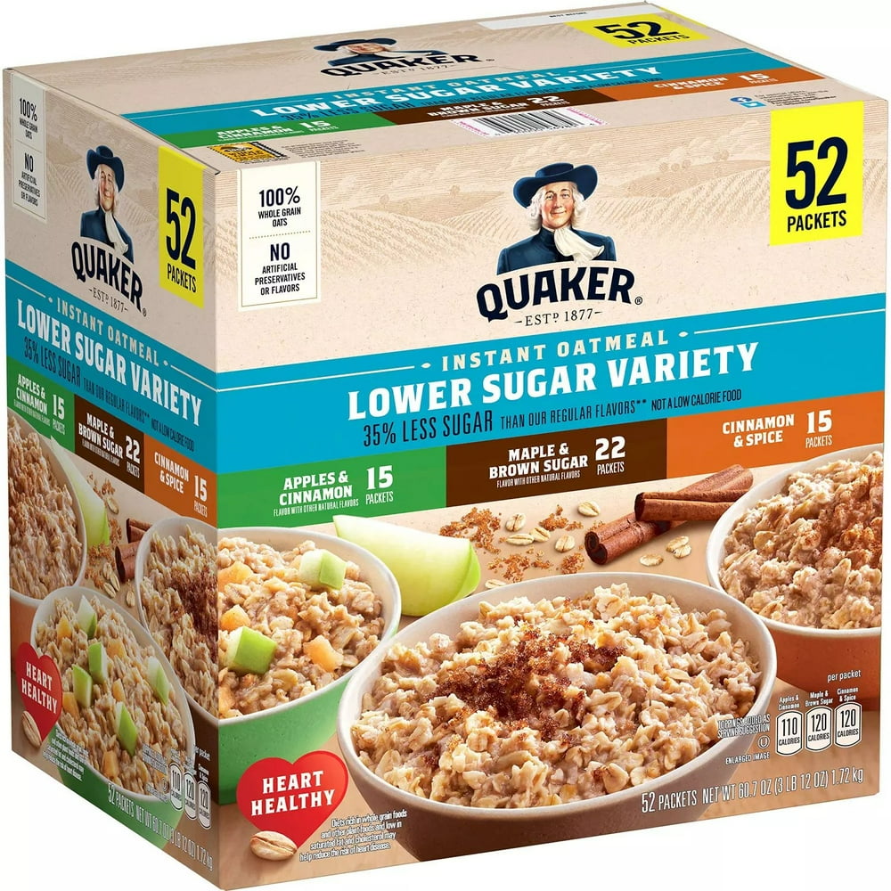 Quaker Lower Sugar Instant Oatmeal, Variety Pack 52 Pack.