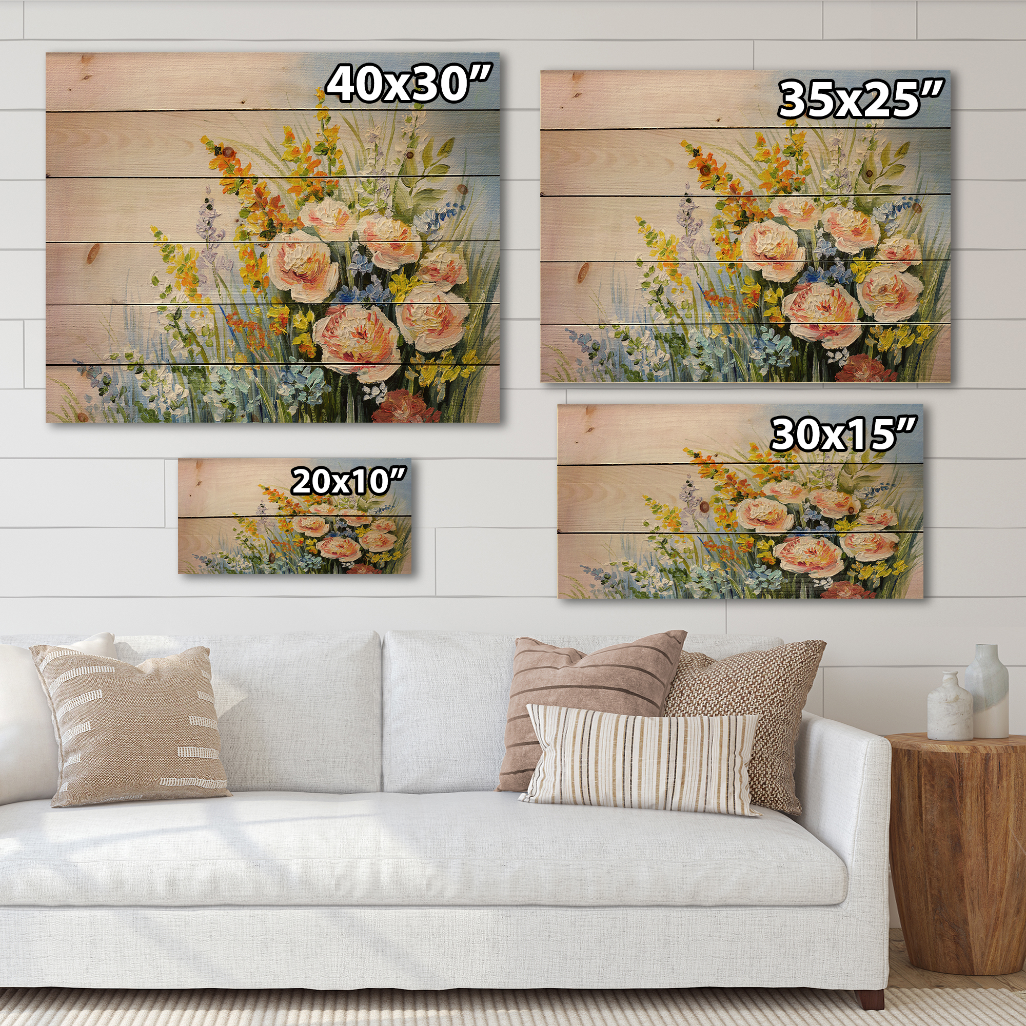 Designart 'Yellow and Pink Summer Wildflowers' Traditional Print on Natural Pine Wood