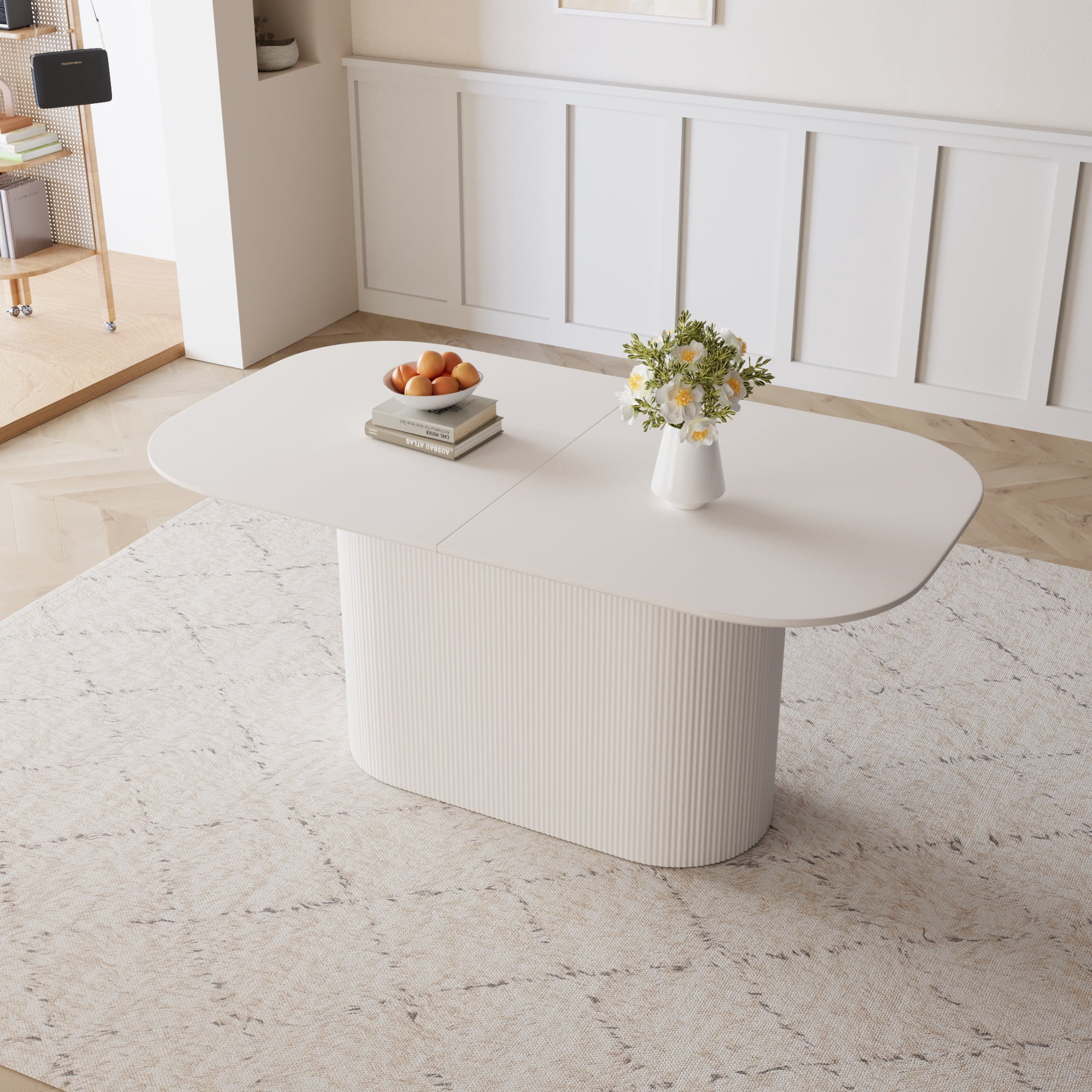 FFZ 63 inch Modern MDF Regular Edge Dining Table Vertical Striped Legs for 4-8 Person Cream Style