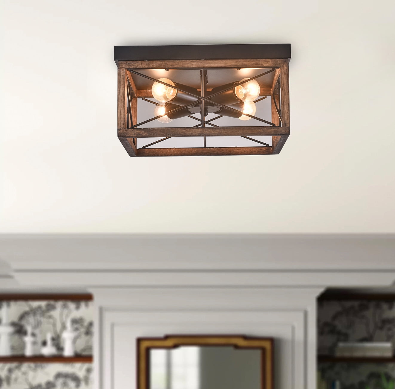 Aiwen Retro Square Caged Flush Mount Ceiling Lamp Vintage Light Fixture