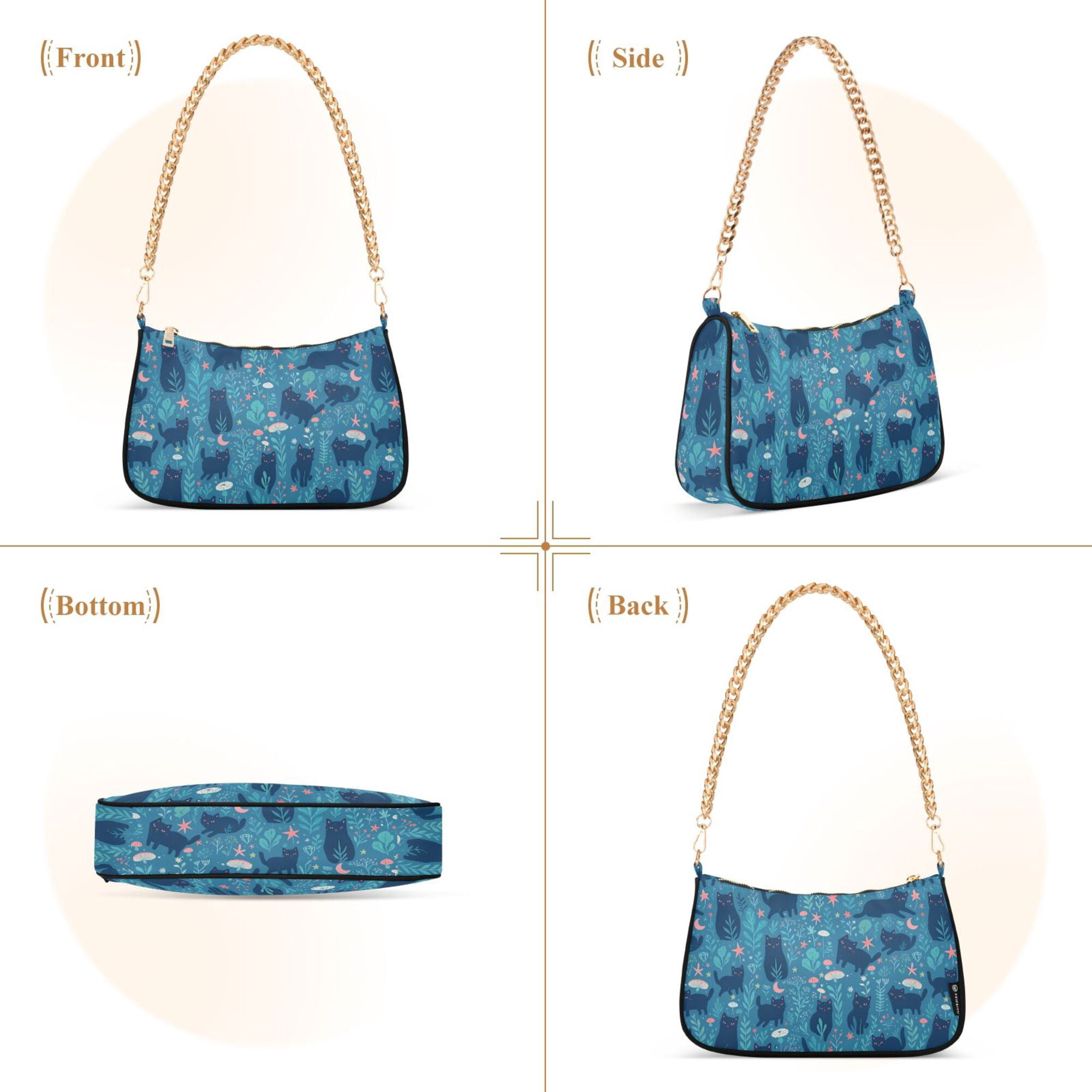 FORMRS Womens Shoulder Bag with Chain Strap Clutch Purse Cute Tote Handbag, Blue Forest Cat Pattern