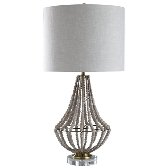 Aurora Table Lamp - Natural Wood Bead Body with Metal Base - Off White Textured Linen Hardback Shade