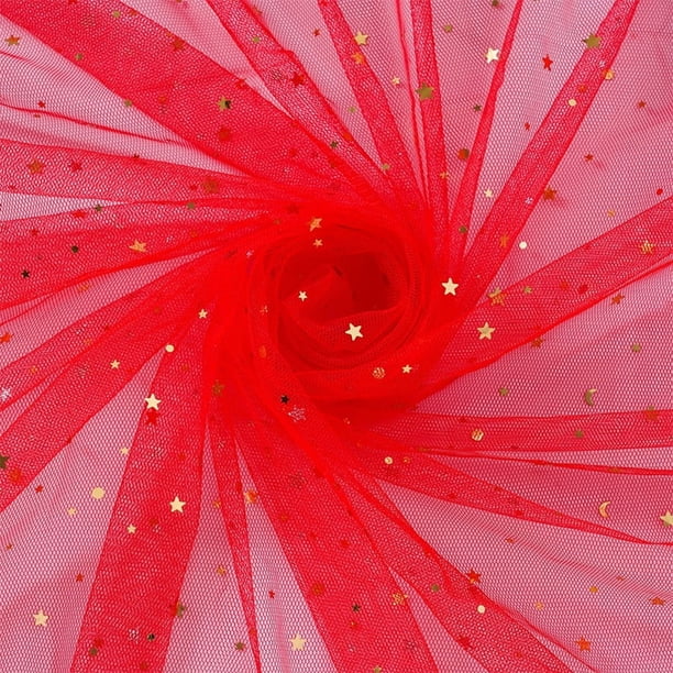 XmhyTop-A 1 yarda de tela de tul brillante con lentejuelas de estrellas y lunas para fondos de fiesta, red para faldas de tutú y fondos de fotomatón, poliéster duradero, rojo