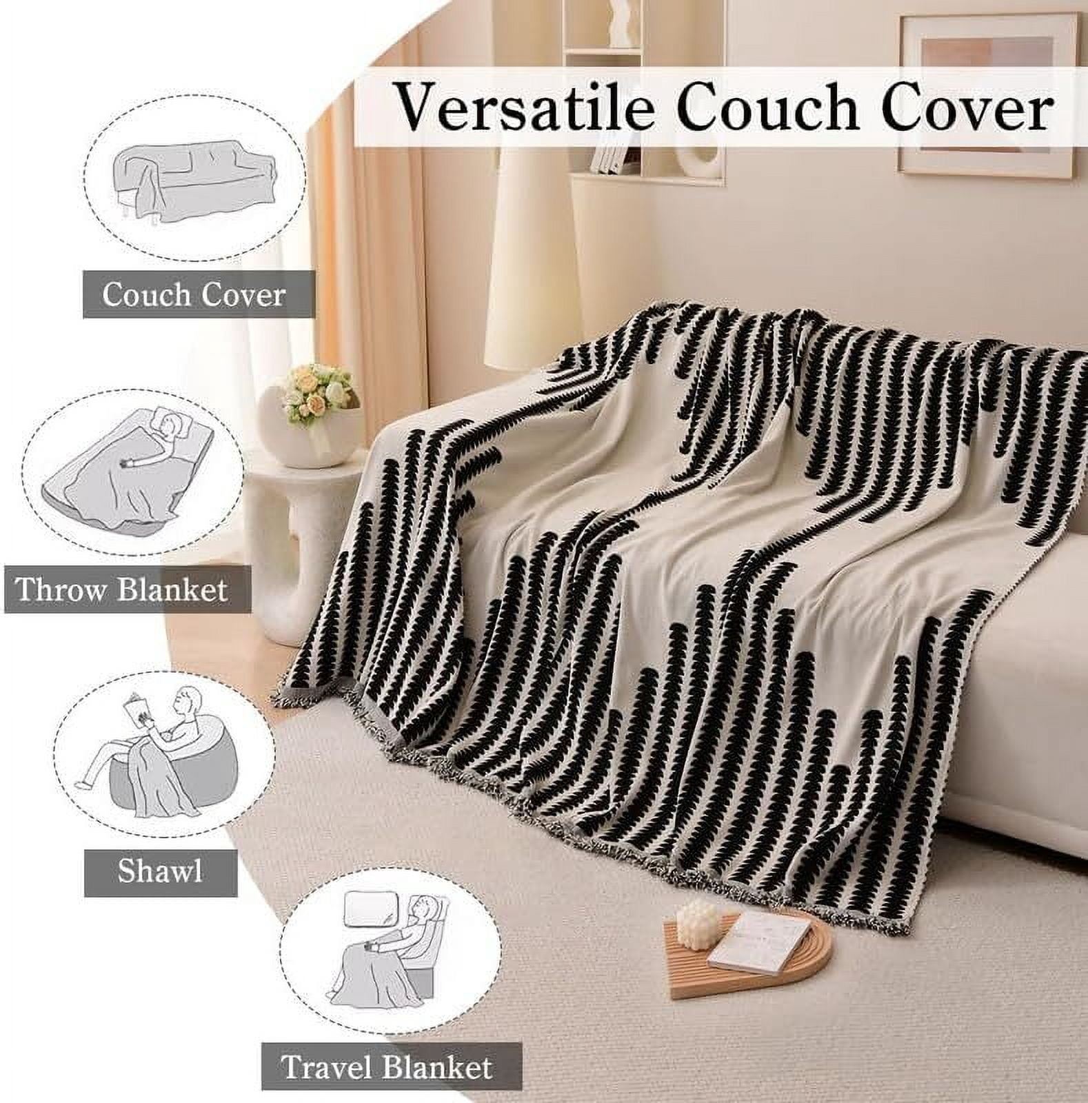 Eurhowing Boho Couch Cover for 4 Cushion Couch, Chenille Sofa Cover Blanket with a Pillowcase, Anti-Slip Tassel Sofa Slipcover for Pet, (71'' x 149'', Black)