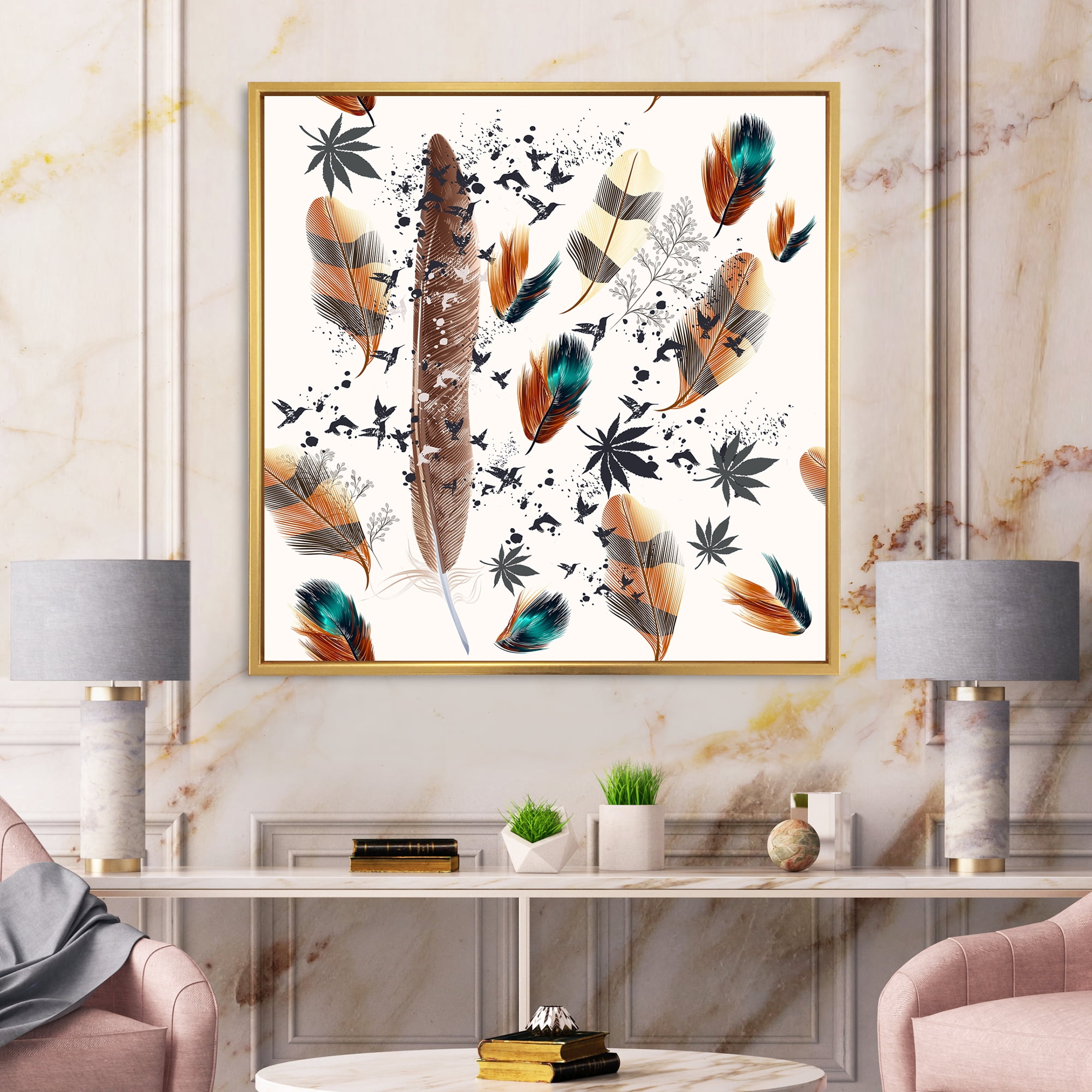 Designart 'Multicolored Feather Pattern With Floral' Bohemian & Eclectic Framed Canvas Wall Art Print