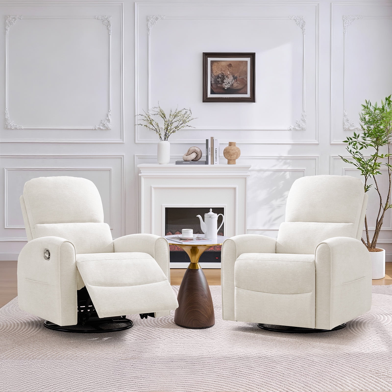 Aemeios Manual Recliner Swivel Chenille Glider Chair with Adjustable Headrest, White