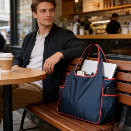 Color Block Shopping Bag Large Capacity Waterproof Folding Tote with Cup Holder Portable Polyester Shoulder Bag for Daily Travel Reusable Storage Bag for Shopping and Outdoor Use