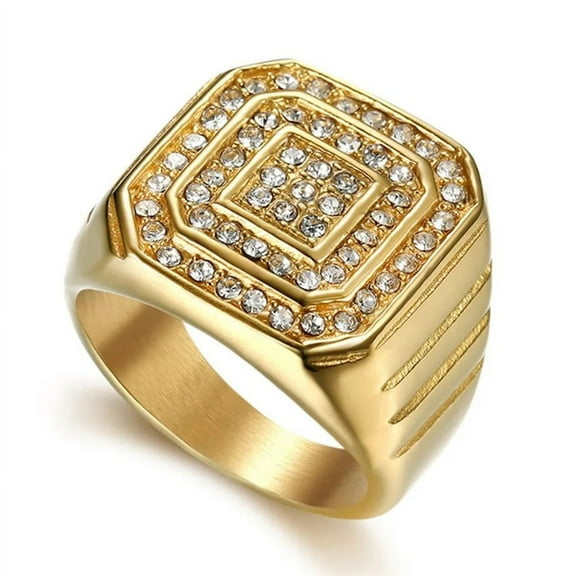 Hip Hop Iced Out Bling Big Square Rings Male 14K Yellow Gold Cubic Zirconia Rapper Rings for Men Party Jewelry Gift