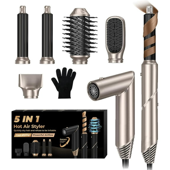 5-in-1 Foldable Hot Air Styler Kit, Professional Hair Dryer Brush System with Auto-Wrap Curlers & Volumizing Brush for All Hair Types