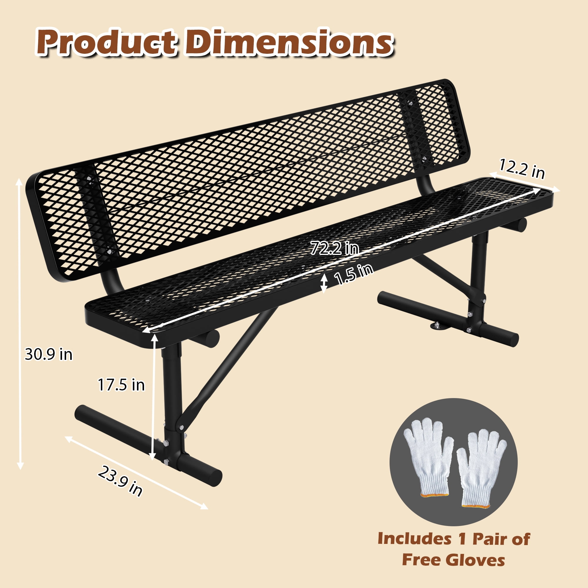 72" Outdoor Picnic Bench for 3-4 Person,All Weather Metal Outdoor Dining Chair for Garden,Patio,Park,School,Black