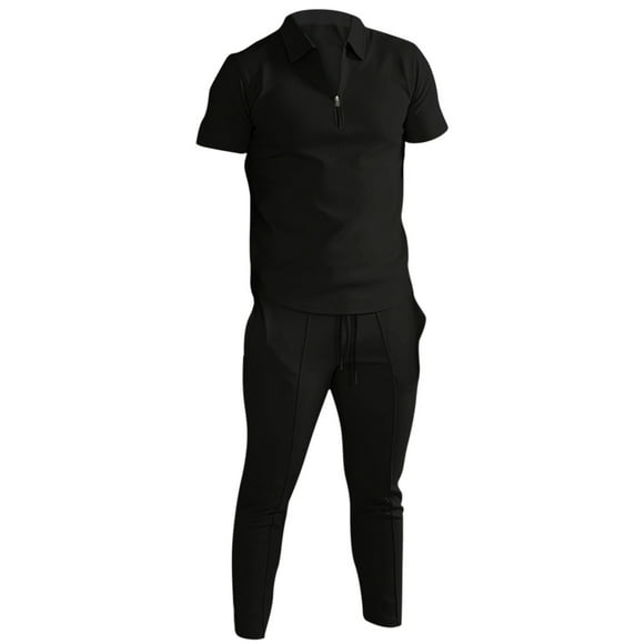 Men's Solid Color Zipper Short Sleeve Trousers Tracksuit for Everyday Wear and Formal Occasions Classic Menswear Set with Modern Tailoring and Durable Fabric