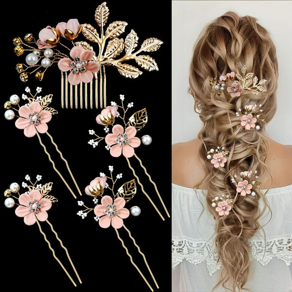 5-Piece Set Bridal Floral Wedding Hairpins Crystal Pearl Hairpins Headpiece Gold Wedding Hair Accessories Cherry Blossom Pink Hairpins