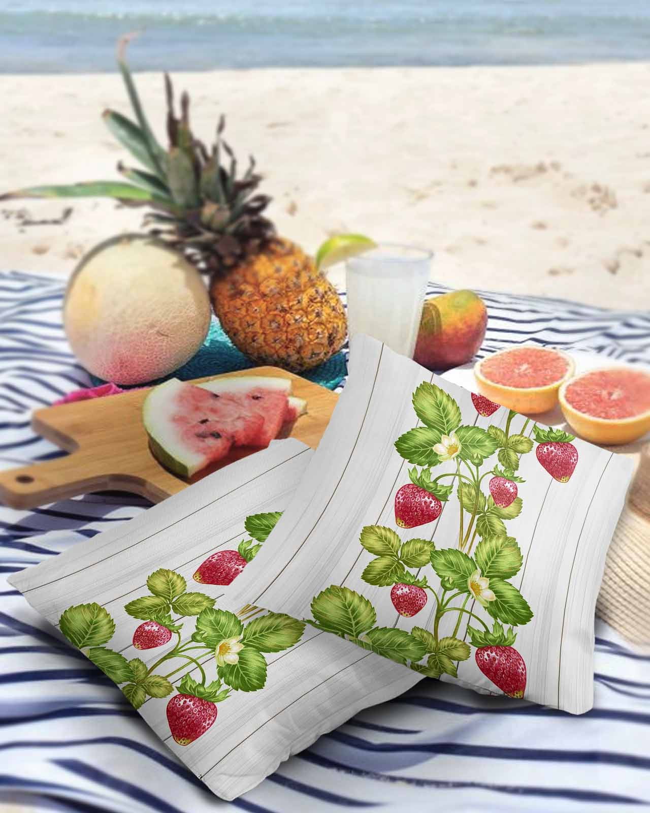 Pack of 2 Outdoor Pillow Covers, Spring Strawberry Plants Retro Illustration Wood Grain Waterproof Square Throw Pillowcase Cushion Decorative Pillow Covers for Couch Patio Tent, 18x18 in