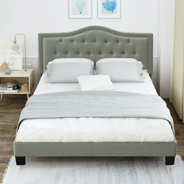Tufted Headboard And Wood Slat Support, Queen Platform Bed Frame With Upholstered Headboard