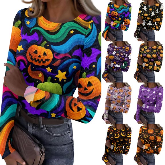 Halloween Tops for Women Trendy Long Sleeve Slim Funny Pumpkin Ghost Tunic Tops Holiday Fall Spring Crew Neck Ribbed Basic Tees Multicolor S