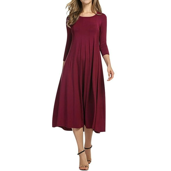 Clearance sale Round Neck Mid-sleeve Solid Color Big Swing Dress Patchwork Stitching 3/4 Sleeve Round Neck Swing Mid-length Dress