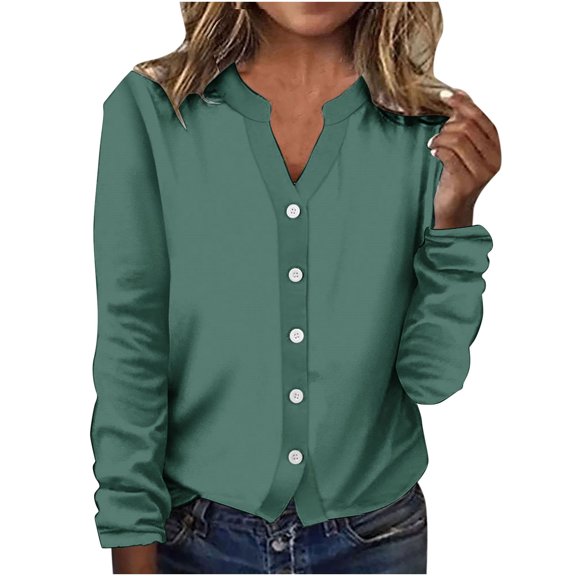 Tumotour Long Sleeve Tops For Women Button Down Shirts V Neck Open Front Thin Style Solid Color Casual 2024 Trendy Tops