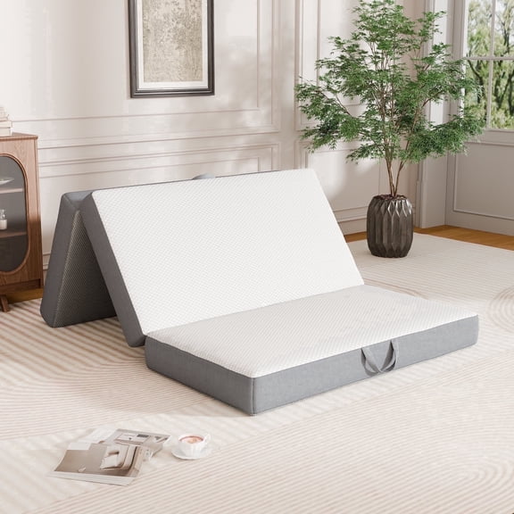 VKLIVING Tri-Fold Memory Foam Mattress,6 Inch Portable Floor Mattress with Washable Cover, Non-Slip Bottom & Breathable Mesh Sides for Guest Bed, Camping, Home, RV