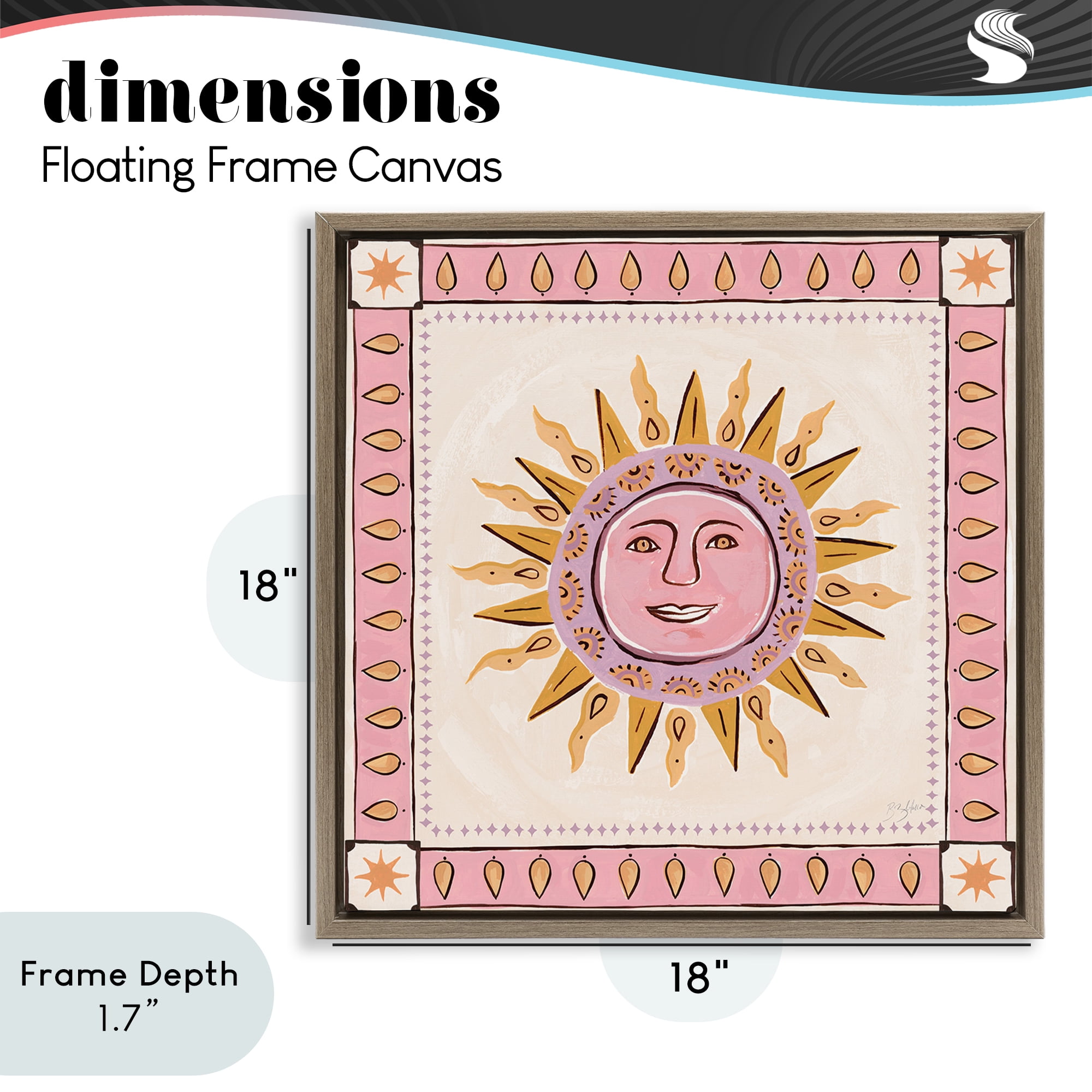 Stupell Industries Smiling Sun with Pink Border Brown Framed Floater Canvas Wall Art, design by Two If By Sea Studios